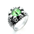 Punk gothic skull ring for men in stainless steel with a green evil eye gemstone - US 7 / Steel Color Green Eye