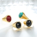Set de anillos vintage de acero inoxidable dorado con cabujones de piedras de colores - US 7 / Dorado Piedra Negra Rombo