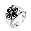 Vintage men's stainless steel compass signet ring with star pattern and zircon stone - US 7 / Silver/White Zirconia