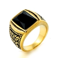 Anillo vintage para hombre en acero dorado con gema negra cuadrada y relieve tallado - Talla 7 / Oro Negro Strass Negro