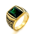 Anillo retro de hombre en acero inoxidable dorado con gran gema verde cuadrada - Talla 7 / Oro Negro Strass Verde
