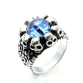 Gothic punk skull ring in vintage silver finish with a striking blue cat eye stone inlay - Steel Blue Eyes