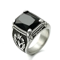 Macro view of Gothic punk ring featuring black gemstone inlay and 316L stainless steel detail - Size 7 / Silver Base Black Gemstone