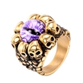 Gothic skull ring featuring a purple devil eye stone and golden stainless steel finish - US 7 / Gold Purple Eye