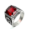 Vintage 316L stainless steel men's ring with square red gemstone and tulip engraving - Size 7 / Silver Base Red Gemstone