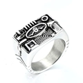 Mechanical punk signet ring with winged skull motif and black gemstone inlay - US 7 / Steel Color Black Stone