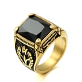 Vintage 316L stainless steel men's ring with large black gemstone and tulip engravings - Size 7 / Gold Base Black Gemstone