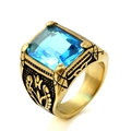 Punk vintage 316L stainless steel men's ring with large blue gemstone and tulip engraving - Size 7 / Gold Base Light Blue Gemstone