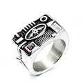 Industrial punk silver ring with winged skull design and red zircon stone inlay - US 7 / Steel Red Zircon