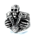 Anillo punk retro de acero de titanio con calavera y motor de pistón, acabado vintage - US 7 / Color Acero