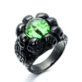 Gothic punk black stainless steel ring with green dragon eye gem and skulls - Black Green Eye