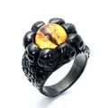 Gothic skull ring in black plated stainless steel with orange dragon eye stone - Black Yellow Eye