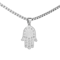 Collar de hombre en acero inoxidable con colgante de Mano de Fátima y piedras brillantes - Color Acero
