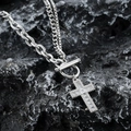 Collier pendentif croix pour homme en acier titane avec zircon et double chaîne à fermoir T - Collier Croix Blanche