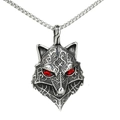Collana con ciondolo testa di lupo vichingo con pietre rosse e robusta catena d'argento - Colore Acciaio (Pendaglio Senza Catena)