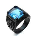 Gothic style men's ring with rectangle light blue gemstone and black vintage relief - Size 7 / Black Base Coral Blue Gemstone
