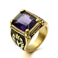 Vintage gold ring featuring a large square purple gemstone and black carved patterns - Size 7 / Gold Base Purple Gemstone