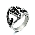 Anello bara punk gotico in argento vintage con croce e teschi laterali - US 7 / Color Acciaio