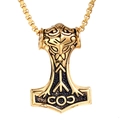 Golden Mjölnir pendant necklace with Nordic runes and textured stainless steel finish - Single Pendant Gold
