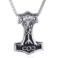Silver Thor's Hammer necklace for men with Viking animal totems and square pearl chain - Steel Color
