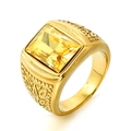 Anillo de hombre en acero dorado con gran gema amarilla cuadrada y banda con relieves - Talla 7 / Todo Dorado Strass Amarillo