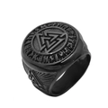 Matte black stainless steel Viking Valknut ring with engraved runes for men, 45-degree view - US 7 / Black