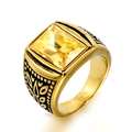 Anillo vintage de acero dorado con una gran gema amarilla de corte rectangular - Talla 7 / Oro Negro Strass Amarillo