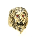 Bold golden lion head ring with red rhinestone eyes in a polished punk rock style - US 7 / Gold Black