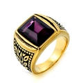 Anillo vintage para hombre en acero inoxidable dorado con una gran piedra preciosa morada - Talla 7 / Oro Negro Strass Violeta