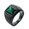 Anillo vintage para hombre de acero negro con gema verde cuadrada y motivos grabados - Talla 7 / Negro Verde Strass