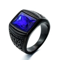 Anillo vintage de hombre con gema azul cuadrada y banda negra grabada - Talla 7 / Negro Azul Strass