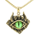 Collier tête de mort gothique avec grand œil de démon vert et finition dorée antique - Pendentif Or Seul (Sans Chaîne) - Œil Vert