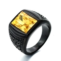 Anillo vintage para hombre de acero negro con gema amarilla rectangular y grabados - Talla 7 / Base Negra Strass Amarillo