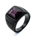 Anillo vintage para hombre en acero negro con gema púrpura cuadrada y relieves - Talla 7 / Base Negra Strass Púrpura