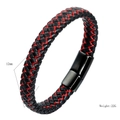 Pulsera trenzada de cuero negro y rojo para hombre con cierre magnético negro - Costura Roja 21CM