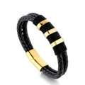 Handgewebtes schwarzes Lederarmband für Herren mit drei goldenen Ringen und Magnetverschluss - Gold-Stil