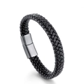 Pulsera de cuero trenzado negro para hombre con cierre magnético de metal pulido brillante - 21cm / Negro