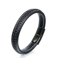 Detail of black braided leather bracelet featuring white stitching and magnetic clasp - 21cm / Black