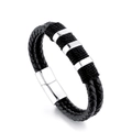 Pulsera de cuero negro trenzado para hombre con cierre magnético de metal plateado pulido - 21,0cm / Color Acero