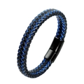 Handgewebtes Lederarmband für Herren mit blauem Akzent und schwarzem Magnetverschluss - Blauer Faden 21CM