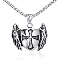 Silver stainless steel shield pendant necklace with cross and wings on box chain - Steel Color