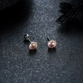 Macro shot of stainless steel stud earrings with brilliant four-claw champagne zircon stones - Persimmon Red Fireworks Cut (X8888-G)