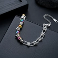 Detail of mixed bead bracelet with iridescent plating and chunky stainless steel chain links - Multicolor Beaded Style