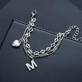 Bracciale a doppio strato in acciaio inox con ciondolo a cuore e lettera M su pelle - Doppio Strato (Lettera M) / Argento Lettera M (S536-A)