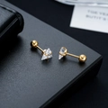 Detailed view of triangle zircon stud earrings with golden screw-back ball closures - Gold Prong Setting Stud (X4567-B) / Gold
