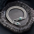 Titanstahl Schlangenarmband mit grünen Augen und silberner kubanischer Kette für Herren - Silber (S550-B)