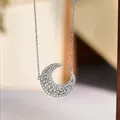 S925 sterling silver hollow crescent moon necklace with sparkling pavé zircons - White Gold