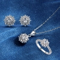 Elegant s925 silver sunflower jewelry set with sparkling snowflake halo cubic zirconia - Necklace Earrings Ring Set (Size 6)