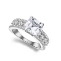 Luxurious S925 sterling silver ring with square cut center stone and side row diamonds - US 6 / Silver