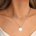 Collana doppia a strati in argento minimalista con perline e ciondolo a disco tondo - Stile a Doppio Strato con Perline e Dischi / Argento